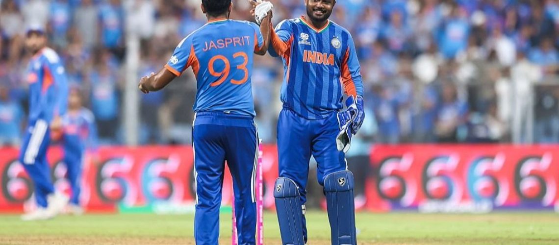 Wicket keeper Sanju Samson and Jasprit Bumrah celebrate India beating England in the T20 World Cup 2026 semifinal.
