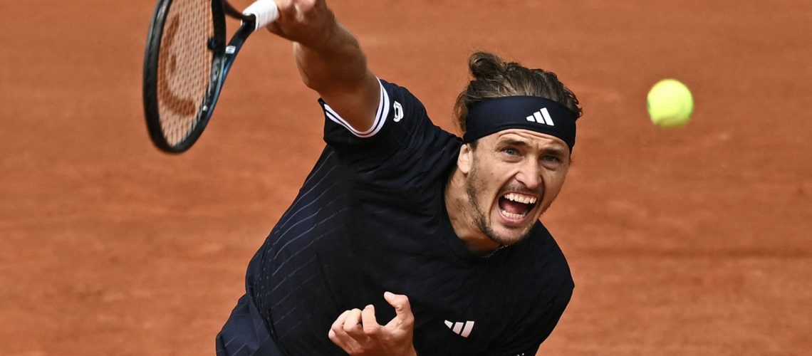 Germany's Alexander Zverev serves a singles match at the 2026 French Open tennis tournament on Court Philippe-Chatrier at the Roland-Garros Complex in Paris.