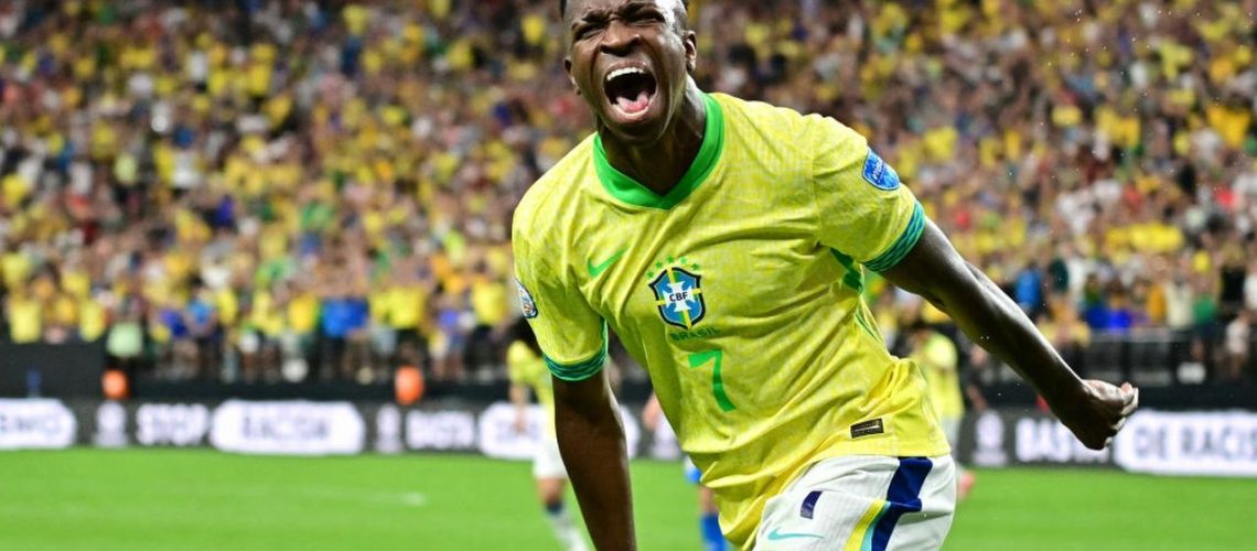 Vinicius Junior celebrates after scoring his team's first goal during the Conmebol 2024 Copa America match between Paraguay and Brazil