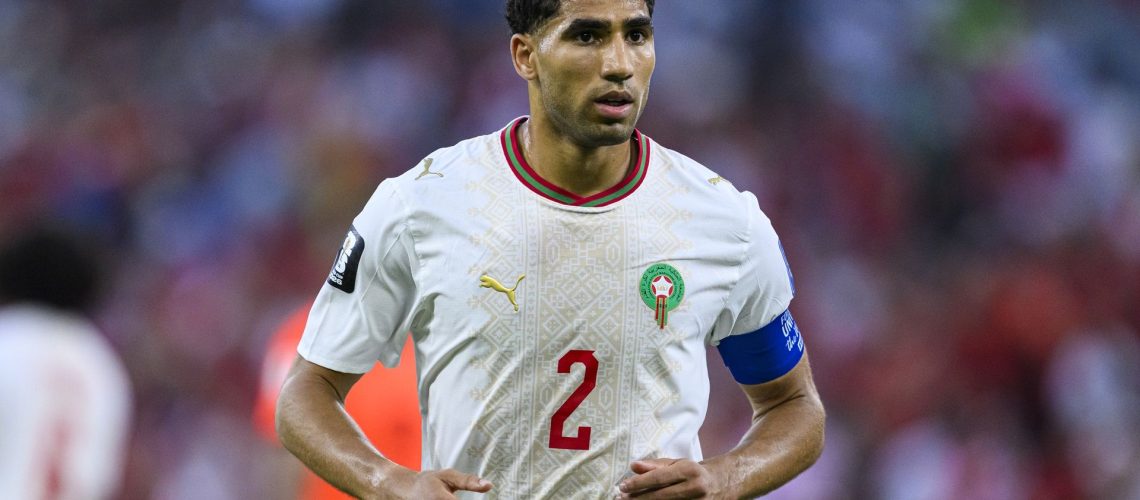 GUADALUPE, MEXICO - JUNE 29: Achraf Hakimi of Morocco looks on during the FIFA World Cup 2026 Round Of 32 match between Netherlands and Morocco at Monterrey Stadium on June 29, 2026 in Guadalupe, Mexico. (Photo by Martín Fonseca/Eurasia Sport Images/Getty Images)