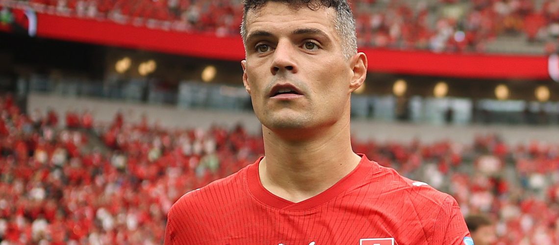 Switzerland captain Granit Xhaka stares ahead during the World Cup 2026 game vs Canada