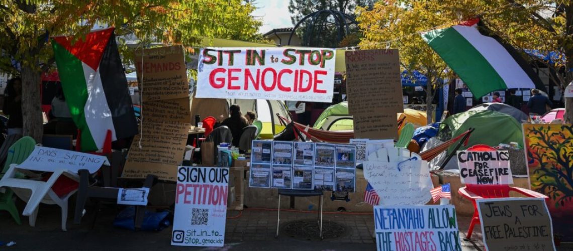Stanford students camp out in front of the university’s White Plaza to push the school to adopt more aggressive stances against Israel, Stanford, California, November 7, 2023. (Tayfun Cokun/Anadolu via Getty Images)