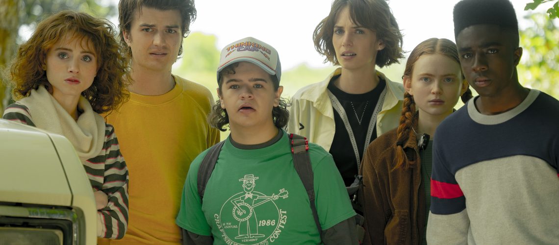 (L to R) Natalia Dyer as Nancy Wheeler, Joe Keery as Steve Harrington, Gaten Matarazzo as Dustin Henderson, Maya Hawke as Robin Buckley, Sadie Sink as Max Mayfield and Caleb McLaughlin as Lucas Sinclair are lined up in Stranger Things 4