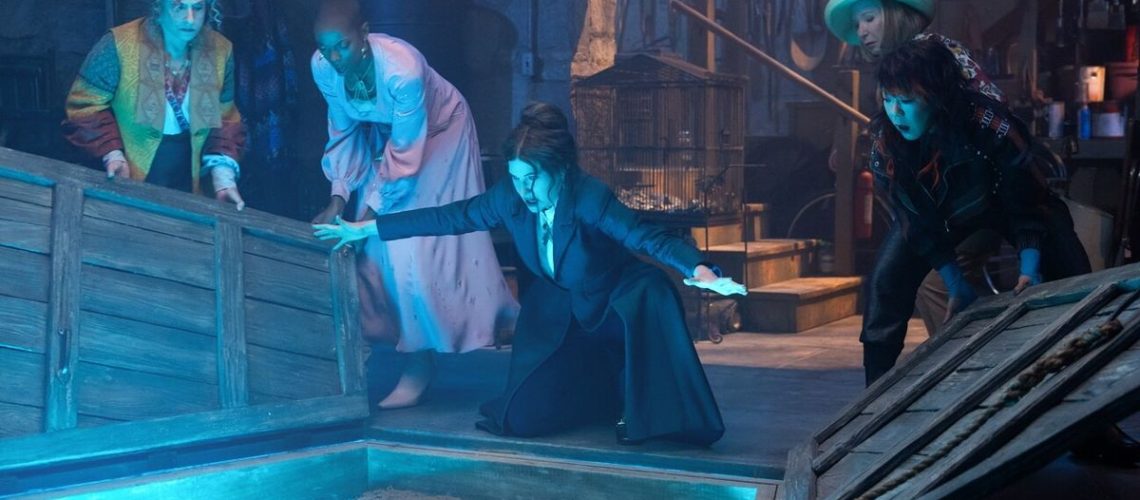 Lilia Calderu (Patti LuPone), Jennifer Kale (Sasheer Zamata), Agatha Harkness (Kathryn Hahn), Mrs. Hart/Sharon Davis (Debra Jo Rupp), and Ali Ahn (Alice Wu-Gulliver) star in "Agatha All Along"