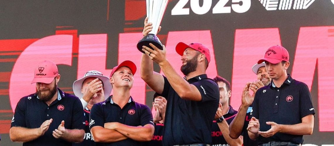 Jon Rahm, surrounded by his teammates, raises the Team Championship trophy after his Legion XIII side won the LIV Golf 2025 title.