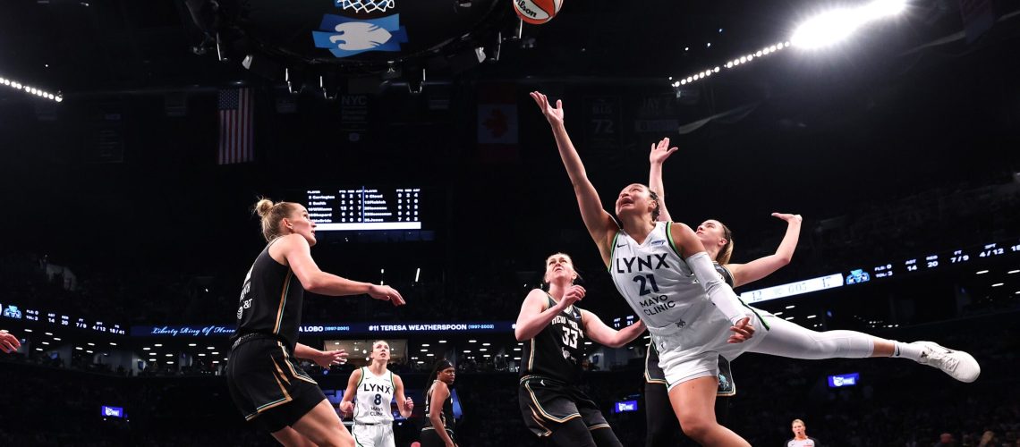 Kayla McBride #21 of the Minnesota Lynx shoots the ball during the second half against the New York Liberty at Barclays Center on August 10, 2025 in the Brooklyn borough of New York City. NOTE TO USER: User expressly acknowledges and agrees that, by downloading and or using this photograph, User is consenting to the terms and conditions of the Getty Images License Agreement.