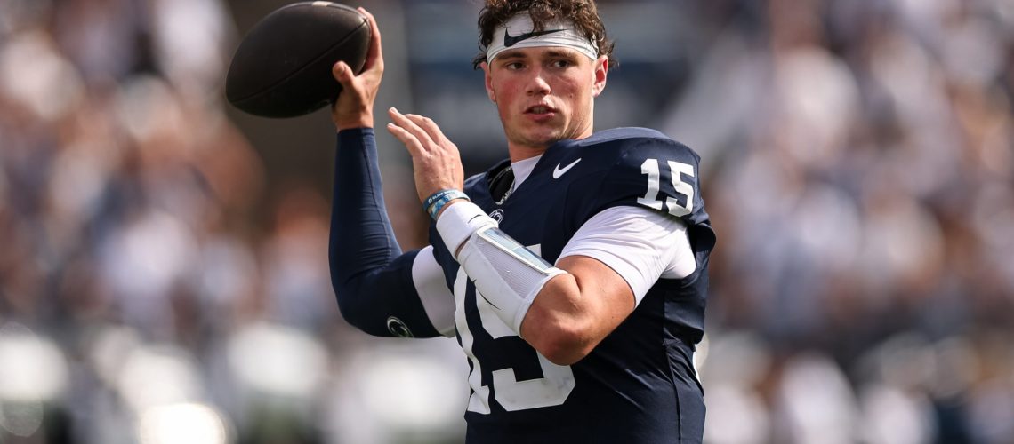 Drew Allar #15 of the Penn State Nittany Lions passes the ball before the game against the Villanova Wildcats at West Shore Home Field at Beaver Stadium on September 13, 2025 in State College, Pennsylvania. (Photo by Drew Allar #15 of the Penn State Nittany Lions passes the ball before the game against the Villanova Wildcats at West Shore Home Field at Beaver Stadium on September 13, 2025 in State College, Pennsylvania.