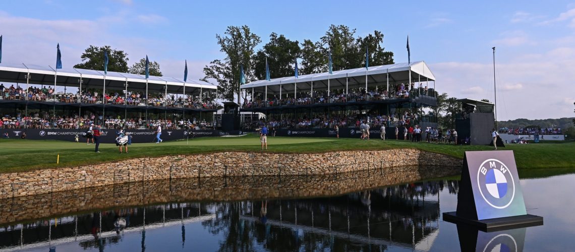 Patrick Cantlay and Bryson DeChambeau play the 17th green during the final round of the BMW Championship at Caves Valley Golf Club on August 29, 2021 in Owings Mills, Maryland.
