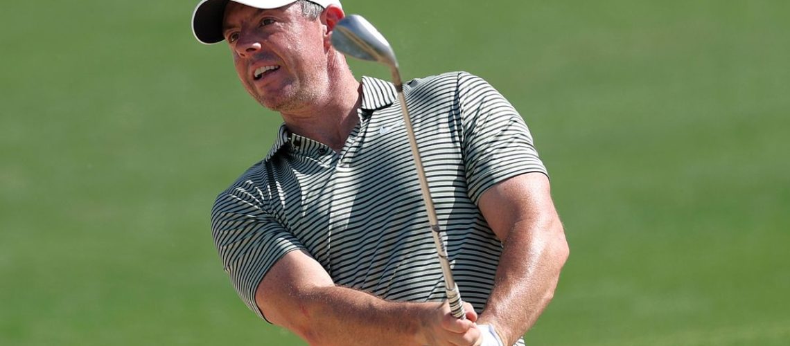 Rory McIlroy plays from a bunker at Yas Links ahead of the The Abu Dhabi Championship 2024 live stream