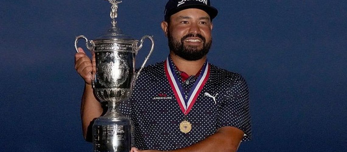 JJ Spaun victorious at the US Open is pictured with the trophy following the Final Round at Oakmont Country Club.
