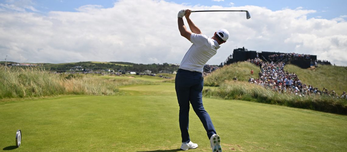 Northern Ireland's Rory McIlroy plays from the 8th tee during practice ahead of the 153rd Open Championship at Royal Portrush golf club in Northern Ireland on July 16, 2025