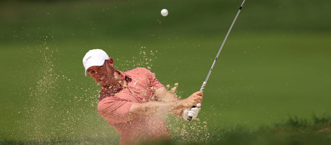 Rory McIlroy of Northern Ireland plays his third shot on the fourth hole during the second round of the BMW Championship 2025 at Caves Valley Golf Club on August 15, 2025 in Owings Mills, Maryland.