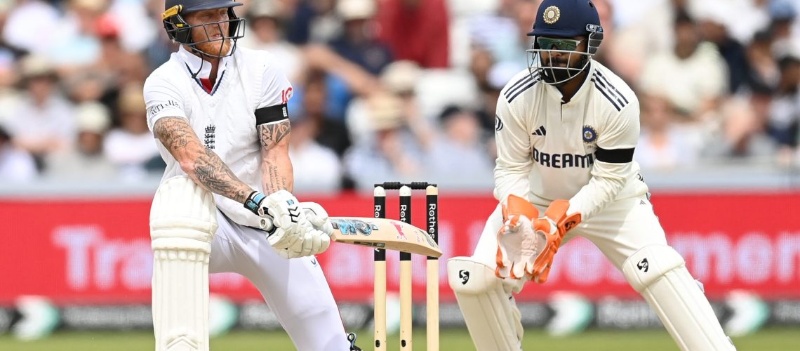 England captain Ben Stokes bats watched by India wicketkeeper Rishabh Pant during day three of the 1st Rothesay Test Match between England and India at Headingley