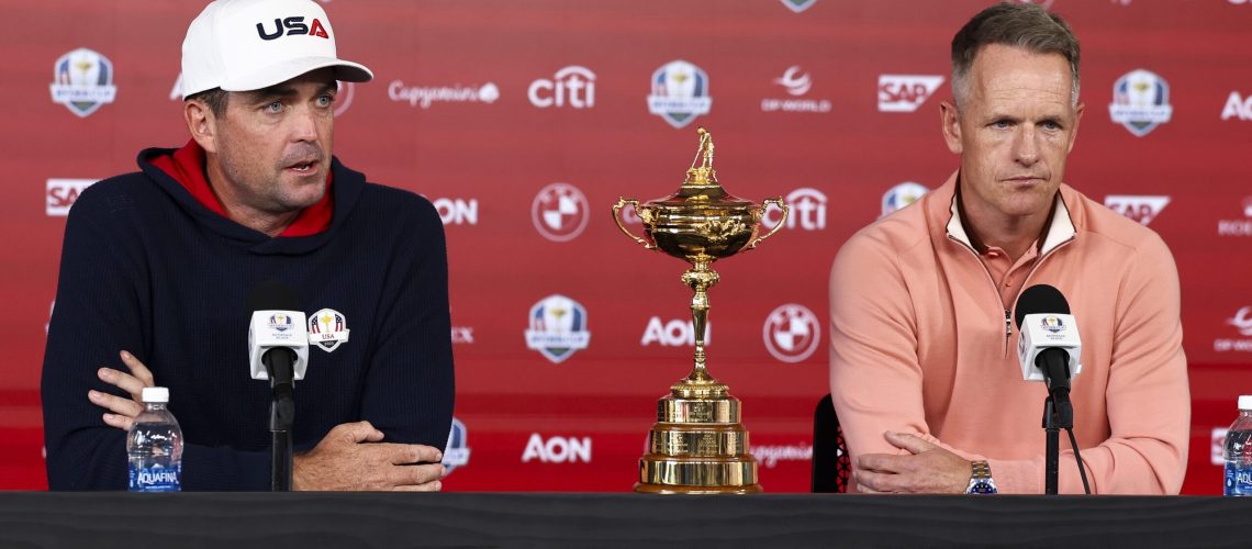 Keegan Bradley, Captain of Team United States and Luke Donald, Captain of Team Europe speak in a press conference prior to the Ryder Cup 2025 at Black Course at Bethpage State Park Golf Course on September 22, 2025 in Farmingdale, New York.