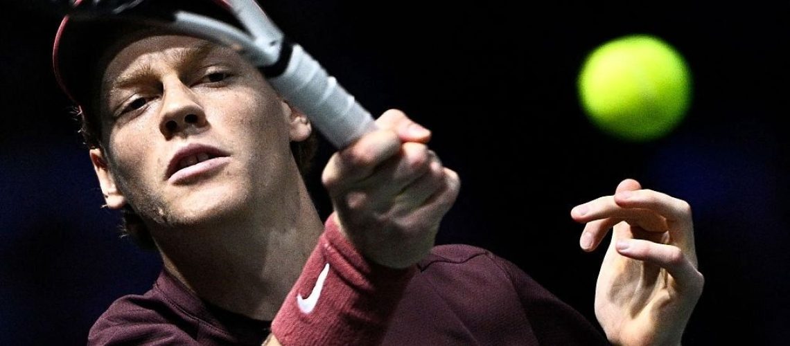 Jannik Sinner of Italy plays a forehand during his victory at the Paris Masters