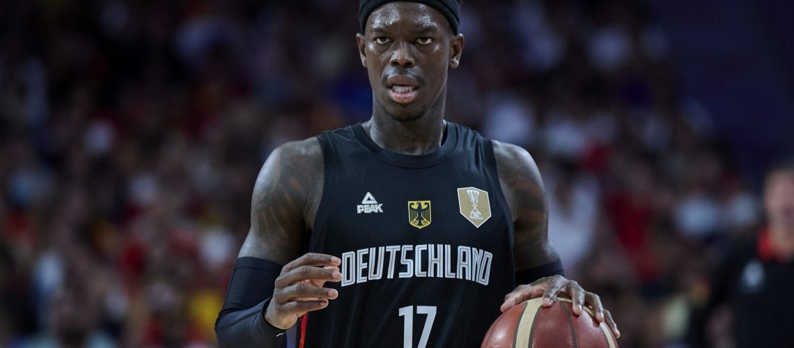 Dennis Schroder #17 of Team Germany in action during friendly match between Spain and Germany to preparation to Eurobasket ’25 at Movistar Arena on August 21, 2025 in Madrid, Spain.