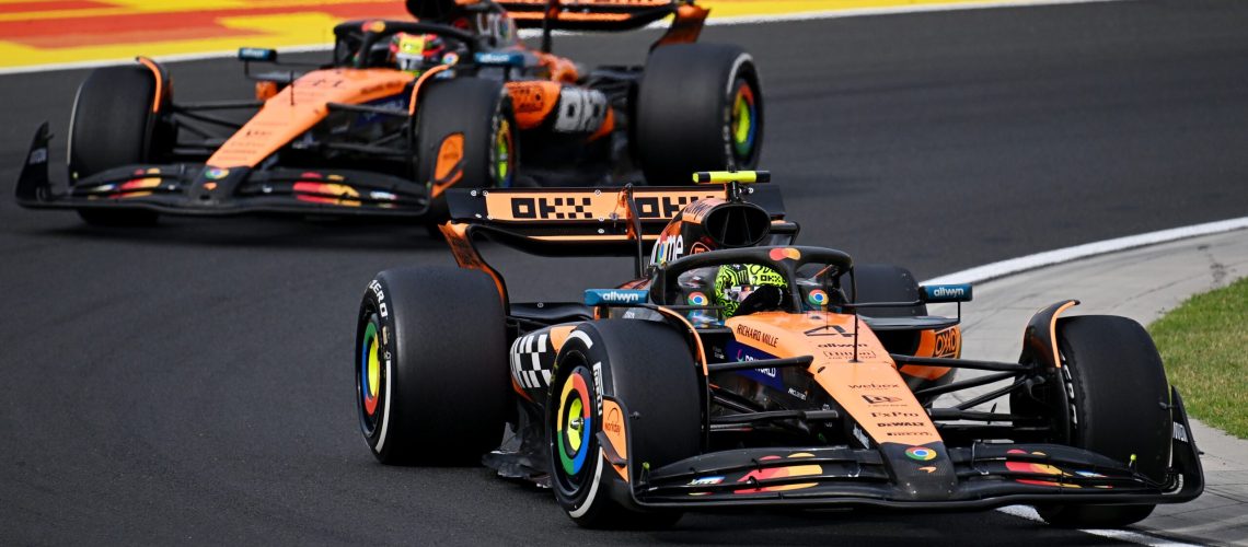 Lando Norris of Great Britain driving the (4) McLaren MCL39 Mercedes leads Oscar Piastri of Australia driving the (81) McLaren MCL39 Mercedes on track during the F1 Grand Prix of Hungary at Hungaroring on August 03, 2025 in Budapest, Hungary.