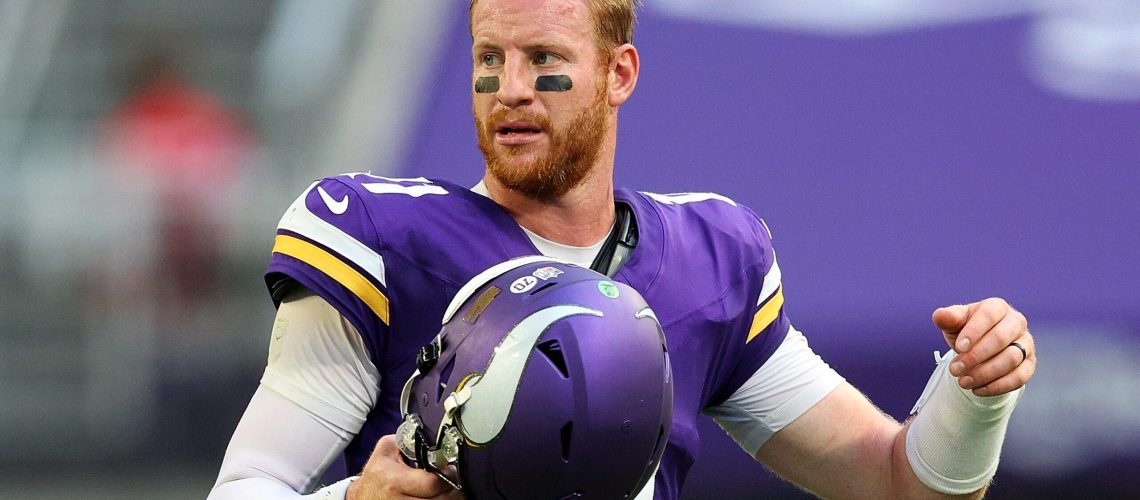 Carson Wentz #11 of the Minnesota Vikings looks on against the Cincinnati Bengals in the third quarter at U.S. Bank Stadium on September 21, 2025 in Minneapolis, Minnesota.