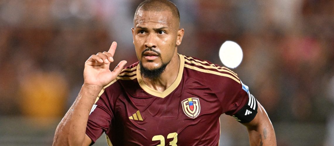 Venezuela's forward #23 Salomon Rondon celebrates after scoring during the 2026 FIFA World Cup South American qualifiers football match between Venezuela and Peru at the Monumental de Maturin stadium in Maturin, Monagas state. Venezuela, on March 25, 2025. (Photo by JUAN BARRETO / AFP) (Photo by JUAN BARRETO/AFP via Getty Images)