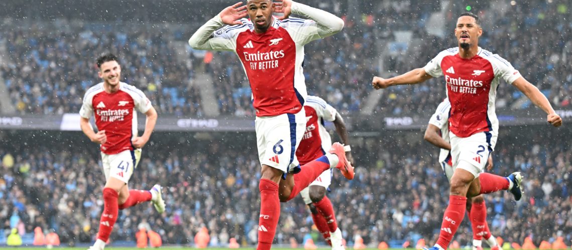Gabriel of Arsenal celebrates scoring his team's second goal during the Premier League match between Manchester City FC and Arsenal FC at Etihad Stadium on September 22, 2024 in Manchester, England.