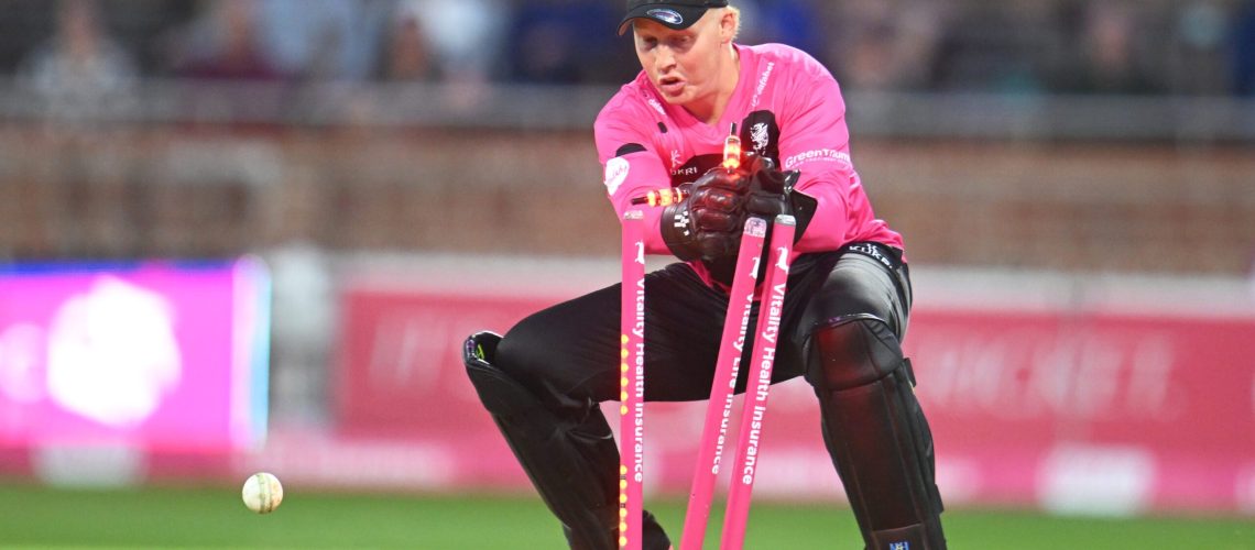 James Rew of Somerset drops the ball as he attempts to run out George Garton of Bears during the Vitality Blast Men's match between Somerset and Bears at The Cooper Associates County Ground on September 06, 2025 in Taunton, England.