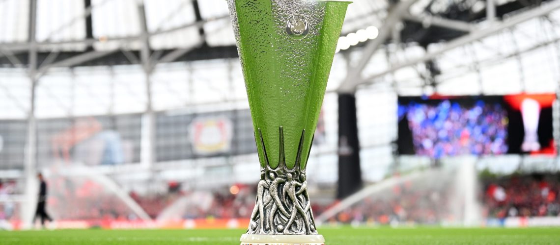 A detailed view of the UEFA Europa League Trophy is seen on the pitch prior to the UEFA Europa League 2023/24 final match between Atalanta BC and Bayer 04 Leverkusen at Dublin Arena on May 22, 2024 in Dublin, Ireland.