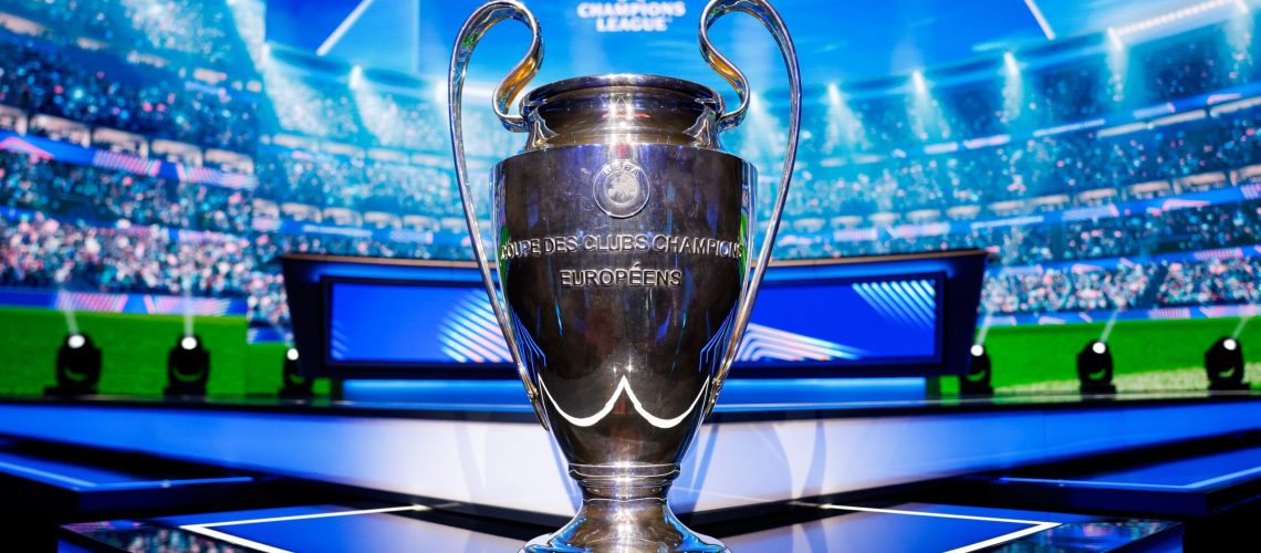 The UEFA Champions League trophy is seen on the stage ahead of the UEFA Champions League 2025/26 League Phase Draw at Grimaldi Forum on August 27, 2025 in Monaco, Monaco.