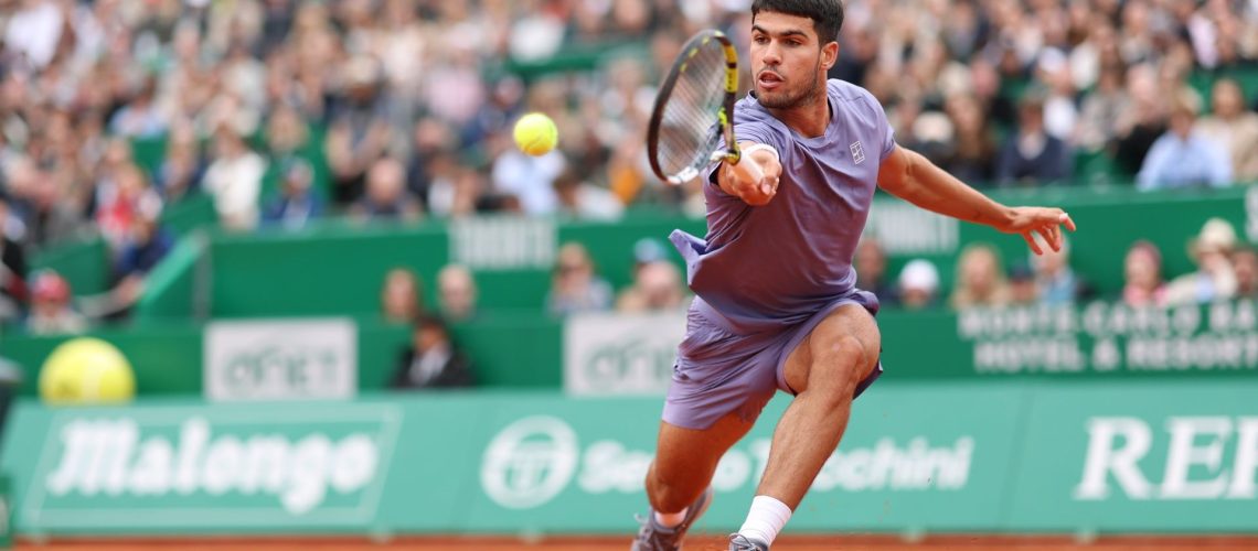 Carlos Alcaraz playing a shot during the final of the Monte-Carlo Masters at Monte-Carlo Country Club on April 13, 2025
