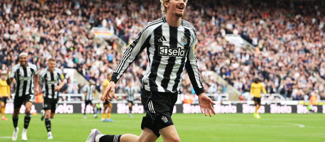 Nick Woltemade celebrating after scoring on his debut for Newcastle vs Wovles