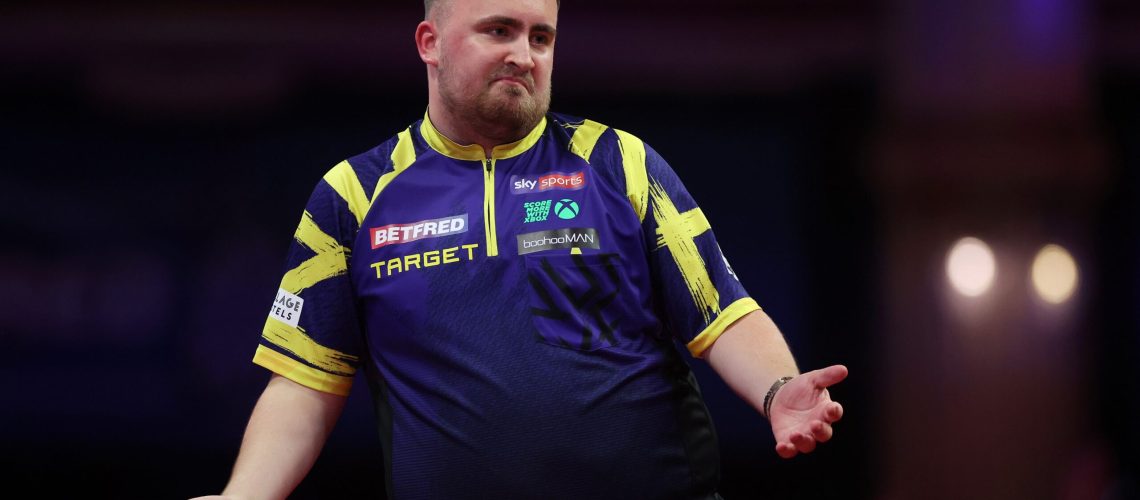 Luke Littler of England celebrates after hitting a '9 dart finish' during the Semi-Final match between Luke Littler of England and Josh Rock of Northern Ireland on day eight of the 2025 Betfred World Matchplay at Winter Gardens on July 26, 2025 in Blackpool, England.