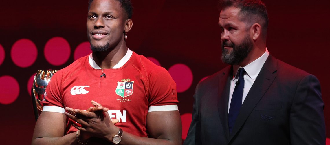 Maro Itoje and Andy Farrell during the Lions squad announcement.