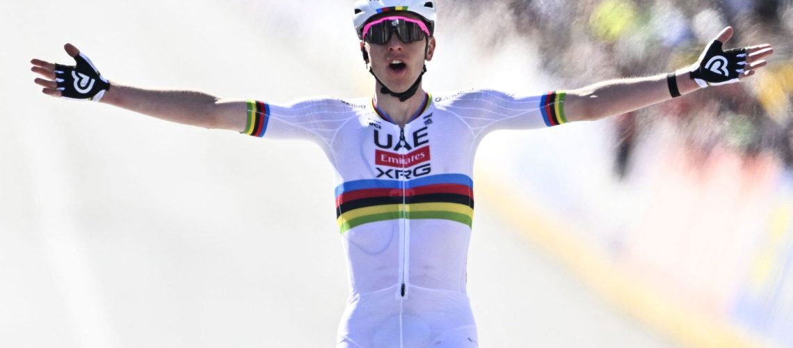 Tadej Pogacar celebrates winning the 2025 Tour of Flanders.