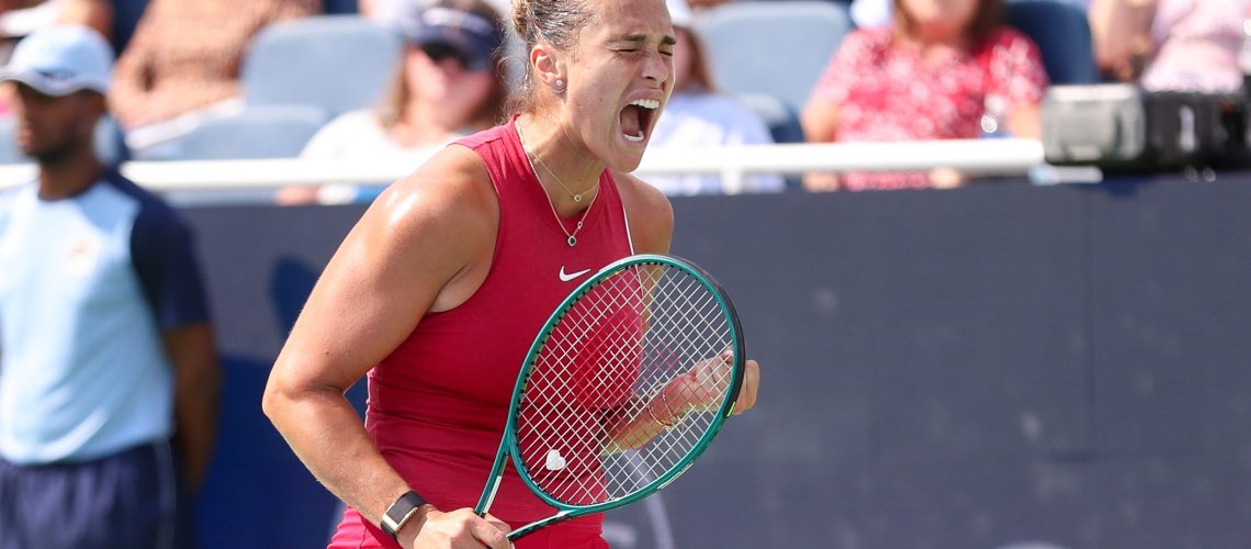 Aryna Sabalenka of Belarus reacts during the final round of the Cincinnati Open on August 19, 2024, at the Lindner Family Tennis Center in Mason, OH.