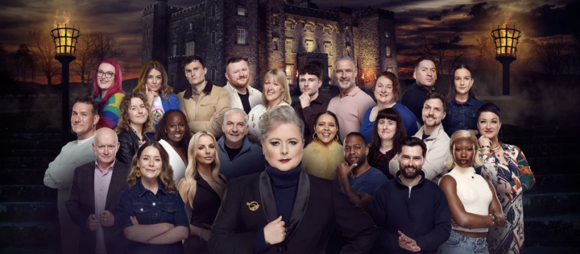 Host Siobhán McSweeney with the cast of The Traitors Ireland season 1, superimposed on Slane Castle