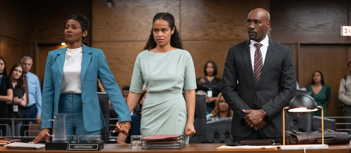 Jax Stewart (played by Emayatzy Corinealdi), Monica (Brandee Evans) and Corey Cash (Morris Chestnut) star in "Reasonable Doubt" season 3