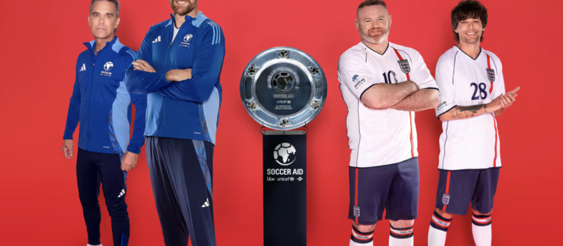 Robbie Williams, Tyson Fury, Wayne Rooney and Louis Tomlinson in a promotional image for Soccer Aid.