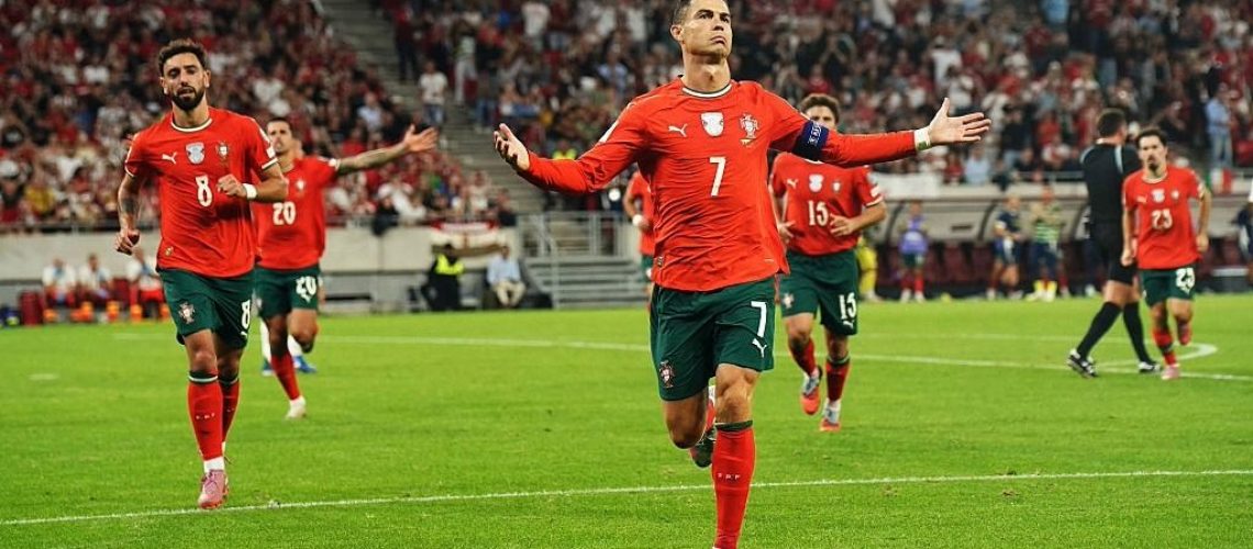 Cristiano Ronaldo, of Portugal, celebrates scoring for his country during World Cup 2026 qualifying
