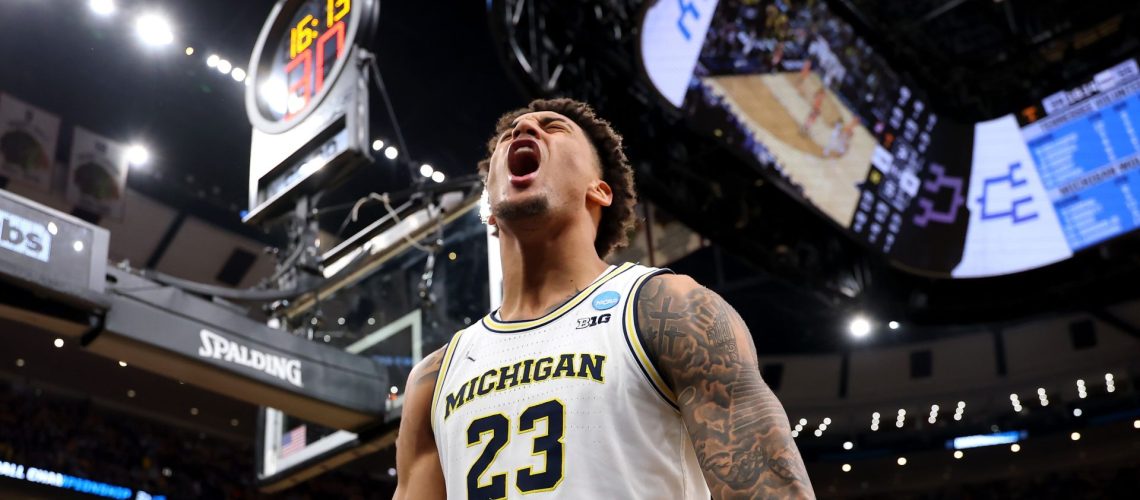 Yaxel Lendeborg of the Michigan Wolverines celebrating at March Madness 2026