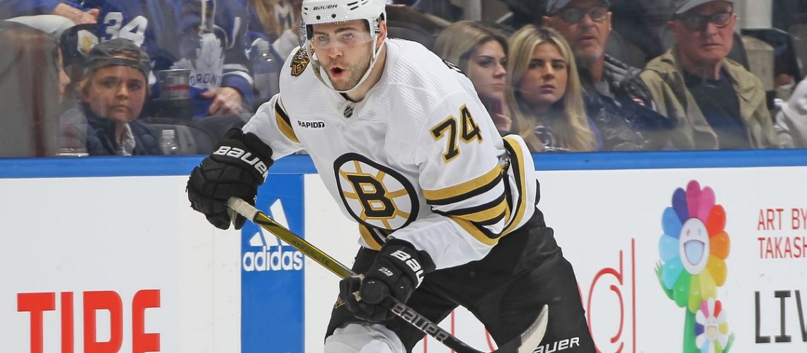 Jake DeBrusk #74 of the Boston Bruins skates against the Toronto Maple Leafs in Game Four of the First Round of the 2024 NHL Playoffs