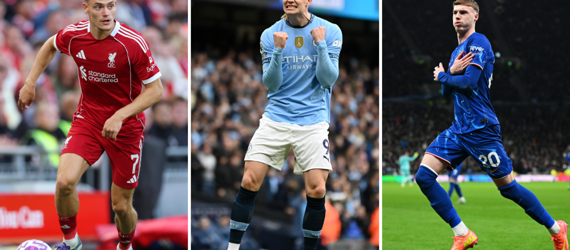 Florian Wirtz, Erling Haaland and Cole Palmer in a three-way image for the 2025-26 Premier League