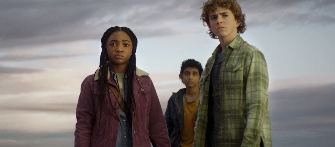 Walker Scobell (Percy Jackson), Leah Sava Jeffries (Annabeth Chase), and Aryan Simhadri (Grover Underwood) in Percy Jackson and the Olympians