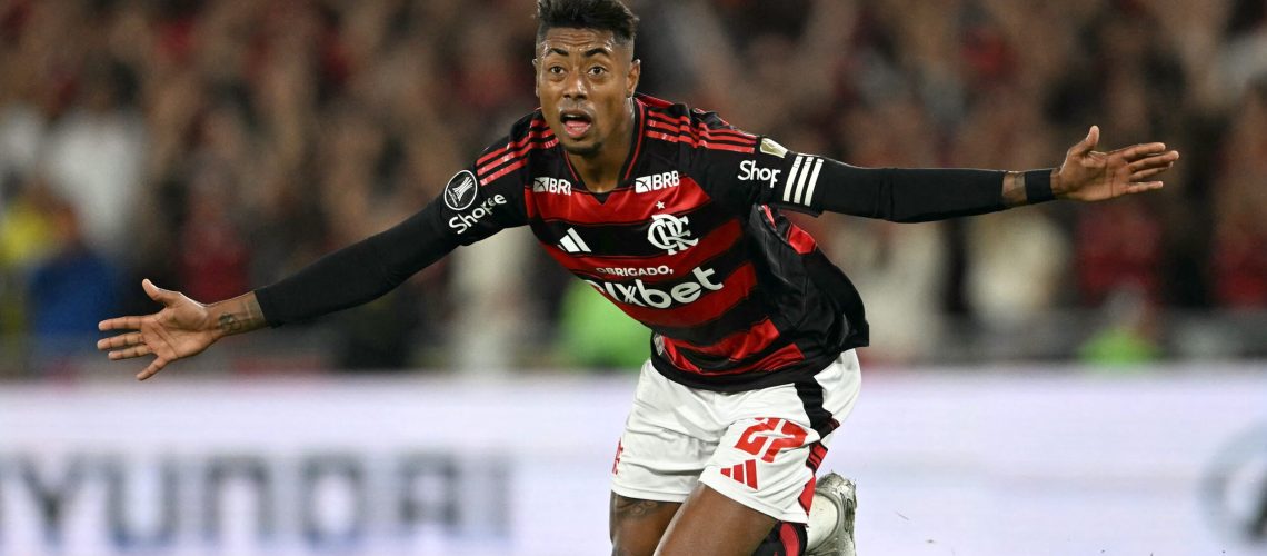 Bruno Henrique celebrates scoring his team's first goal during the Copa Libertadores round of 16 first leg all-Brazilian football match between Flamengo and Internacional at the Maracana stadium in Rio de Janeiro, Brazil, on August 13, 2025.