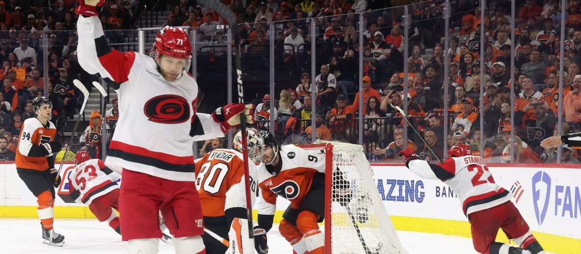 Taylor Hall of the Carolina Hurricanes celebrating during the 2026 Stanley Cup Playoffs