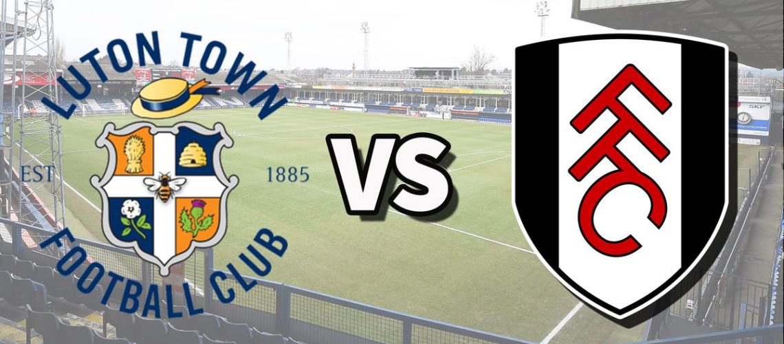 The Luton Town and Fulham club badges on top of a photo of Kenilworth Road stadium in Luton, England