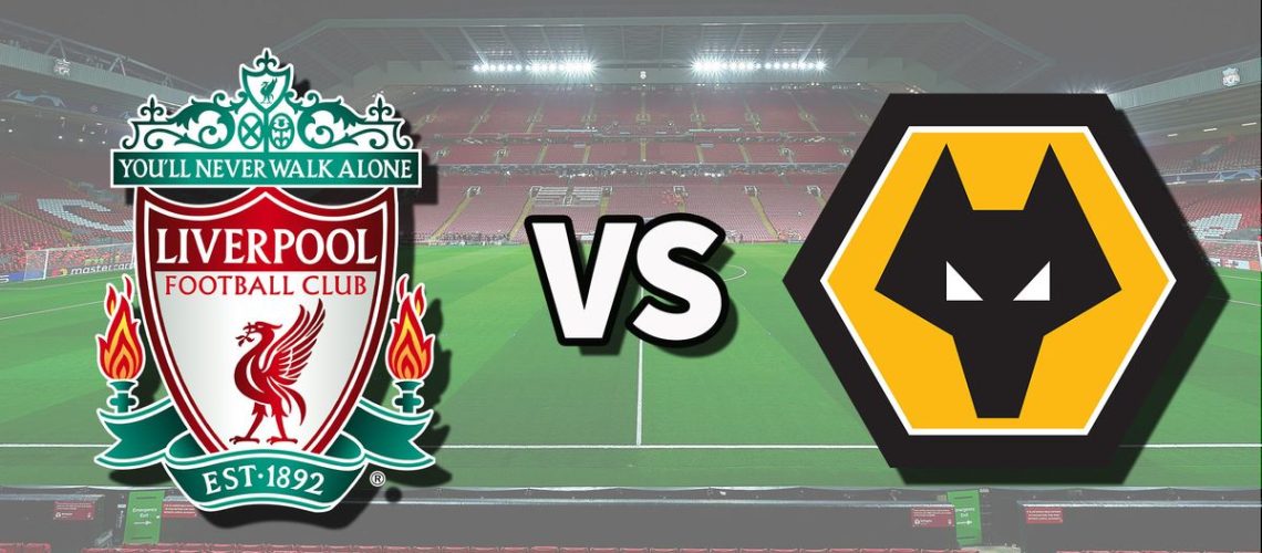 The Liverpool and Wolverhampton Wanderers club badges on top of a photo of Anfield stadium in Liverpool, England