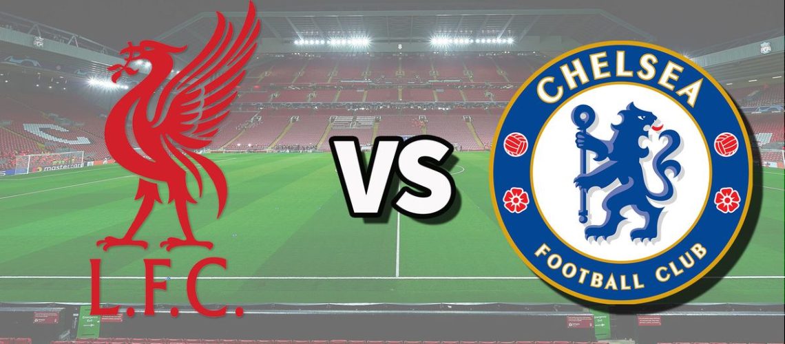 The Liverpool and Chelsea club badges on top of a photo of Anfield stadium in Liverpool, England