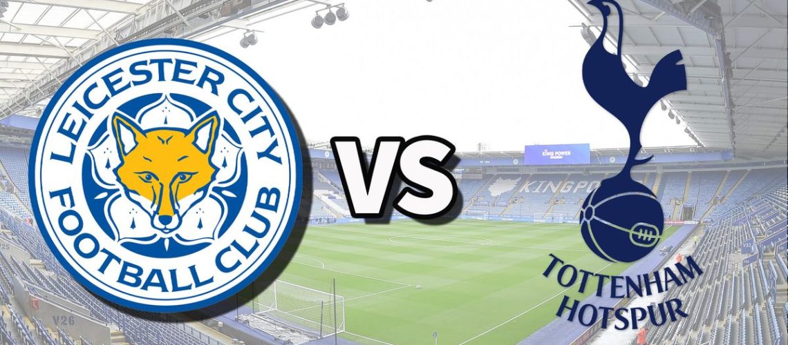 The Leicester City and Tottenham Hotspur club badges on top of a photo of The King Power Stadium in Leicester, England