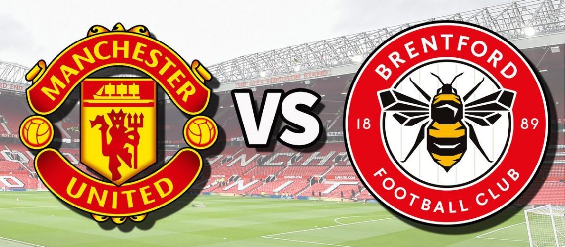 Manchester United and Brentford badges superimposed on Old Trafford stadium.