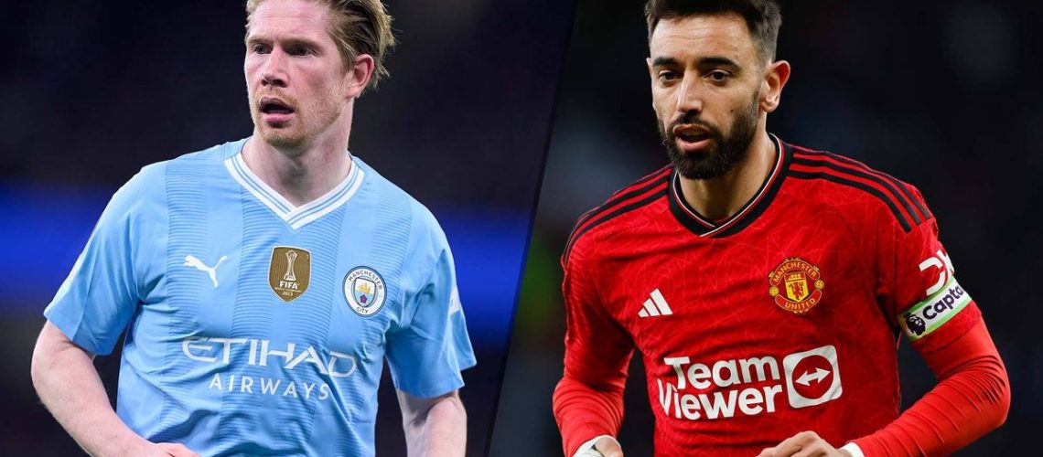 Kevin De Bruyne of Manchester City and Bruno Fernandes of Manchester United