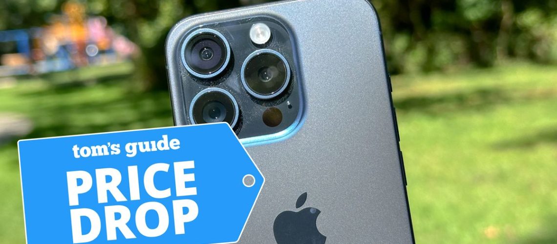 iPhone 15 Pro shown from behind with park in background